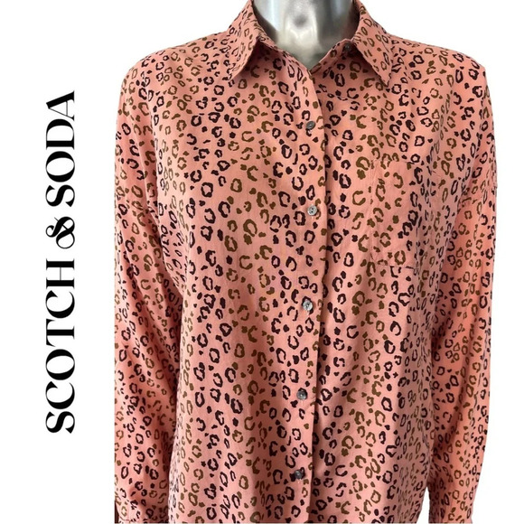 Scotch & Soda Button Down Long Sleeve  Shirt Leopard Print Salmon Small - Picture 3 of 9
